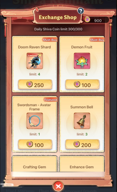 Showing exchange shop menu and some of the items for sale